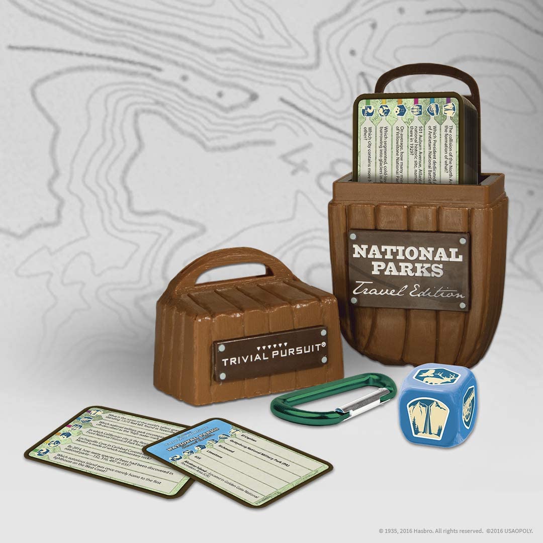 TRIVIAL PURSUIT National Parks Travel Edition components splash
